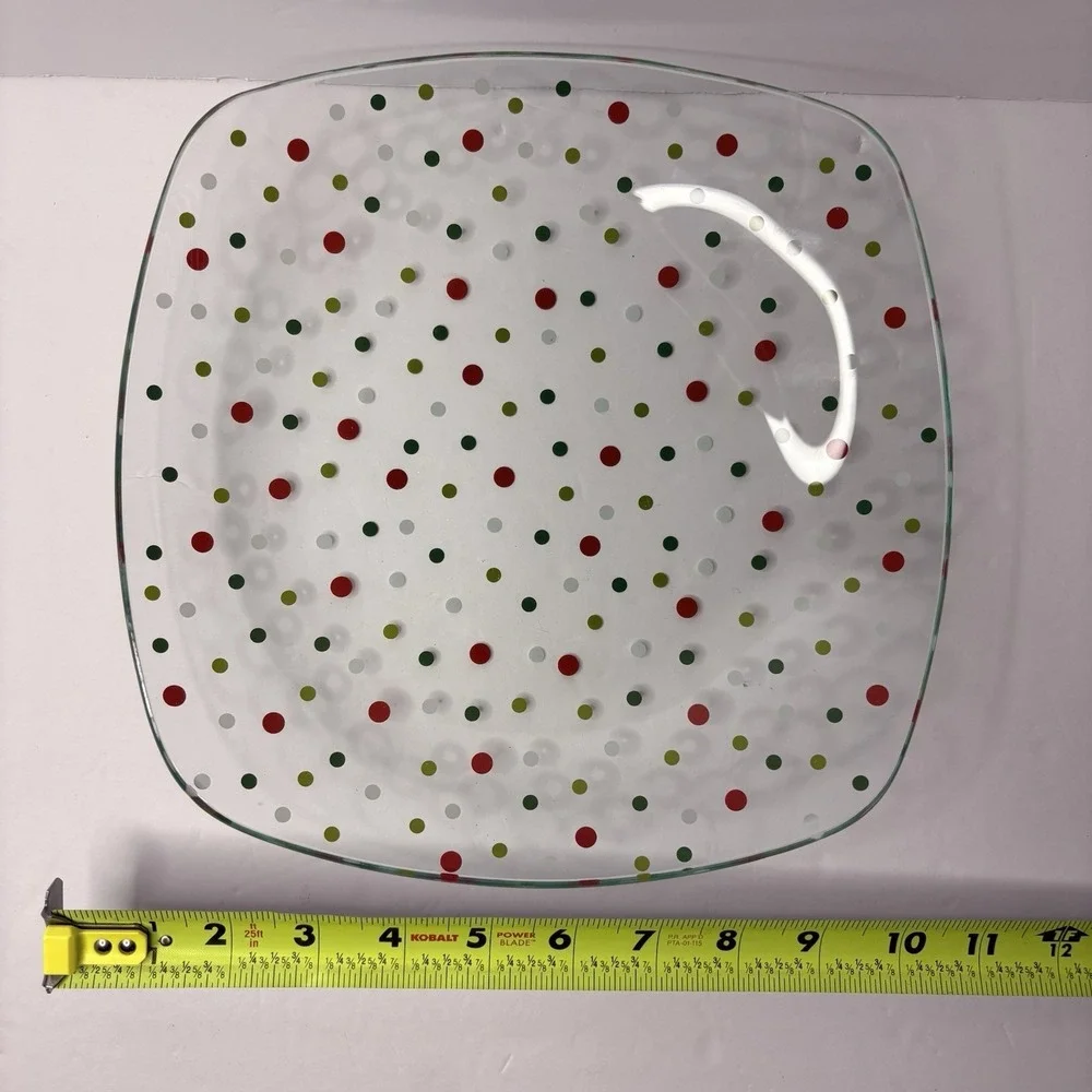 Pampered Chef Whimsical Red Green White Holiday Dots Square Glass 9.75